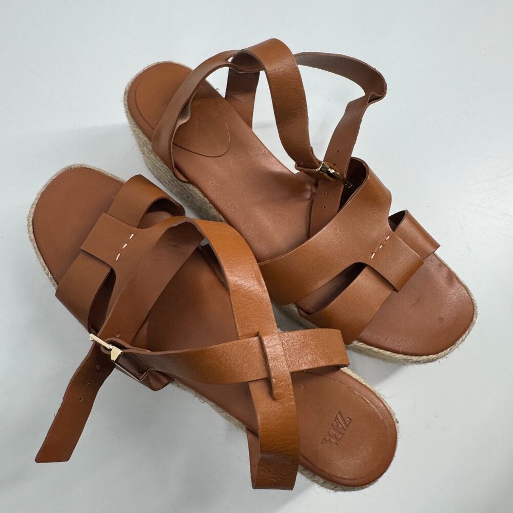 Zara Tan Leather Hessian Wedge Sandals Size 41 - Picture 11 of 11